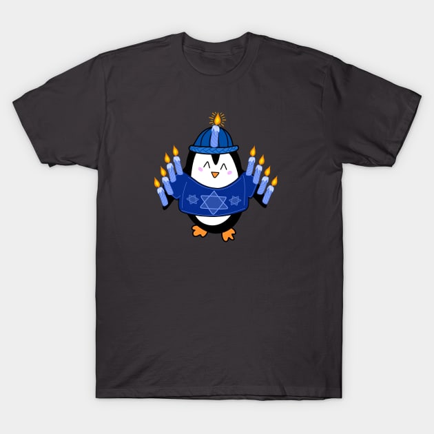 Cute Hanukkah Penguin Dressed as a Menorah on a Periwinkle Backdrop, made by EndlessEmporium T-Shirt by EndlessEmporium